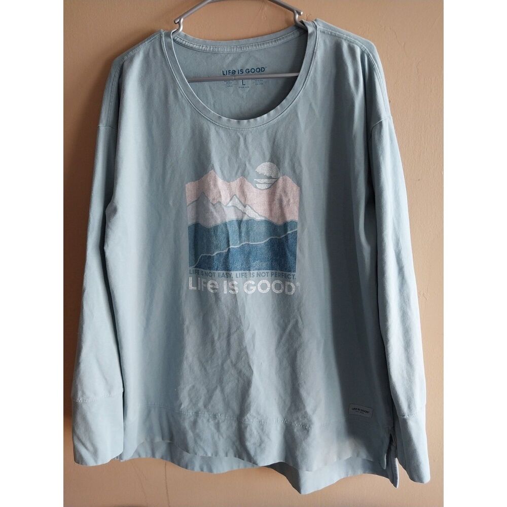 Life is Good Women's Long Sleeve Crusher Tee Light Blue Mountain Graphic LARGE
